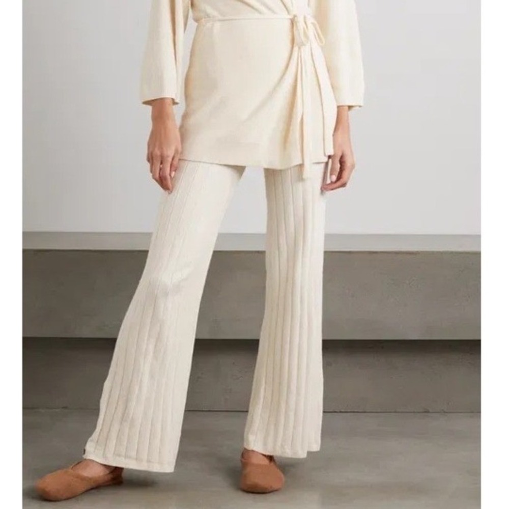 Skin Women Kassidy Pant XS Whipped Cream Ribbed‎ Knit Button Hem Coastal Luxe